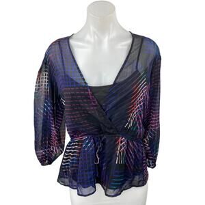 DKNY Blue Multicolor Striped Long Balloon Sleeve Sheer Peplum Wrap Blouse Top S